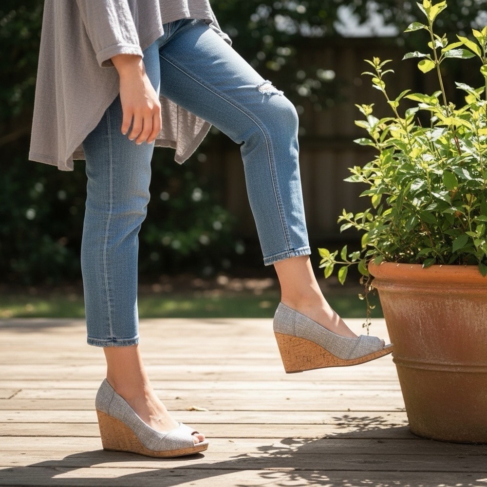 Toms Women's 10W Wedges - Light Gray and Cork
